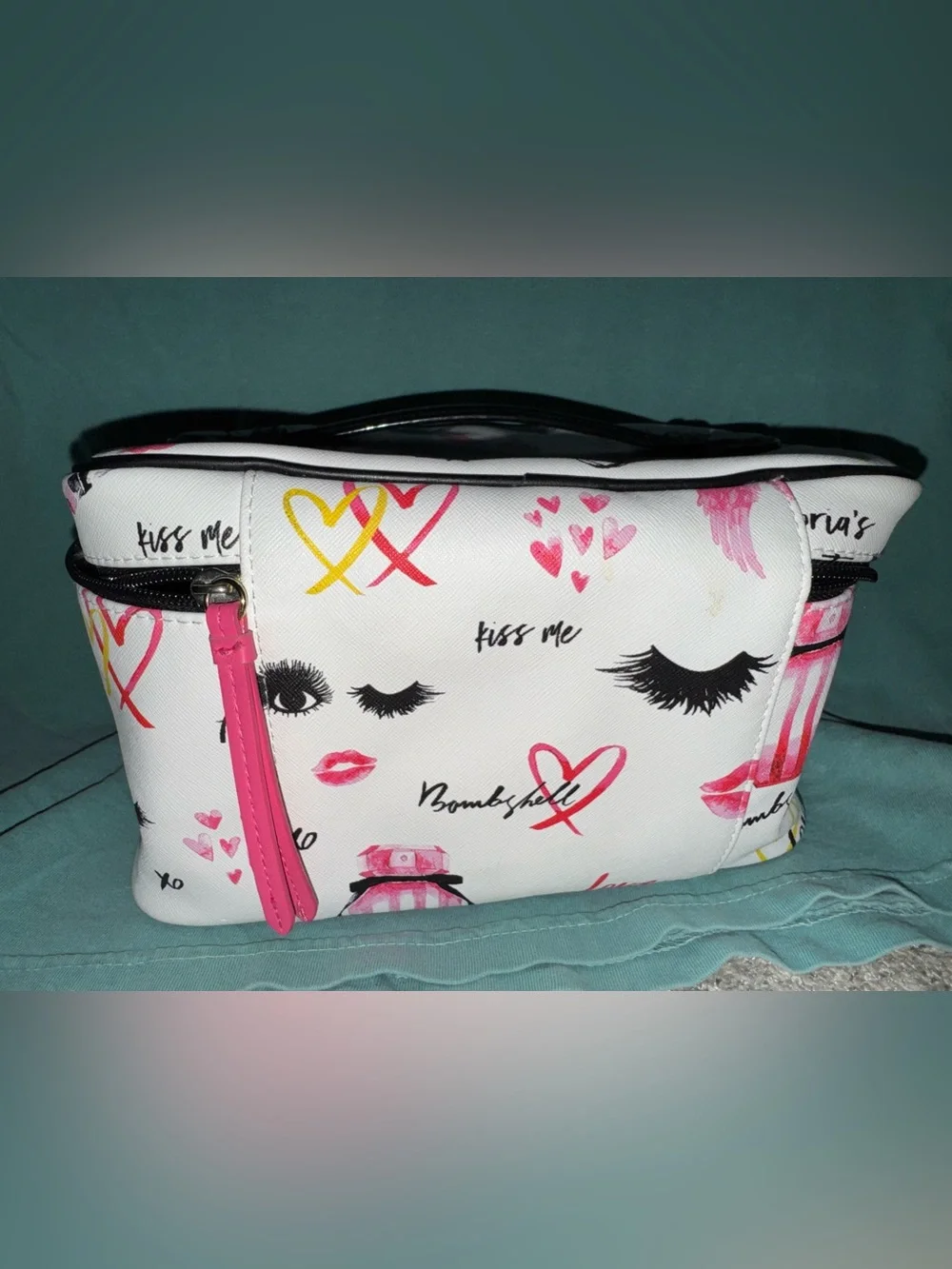 Victoria's Secret White Cosmetic Bag with Pink & Yellow Accents